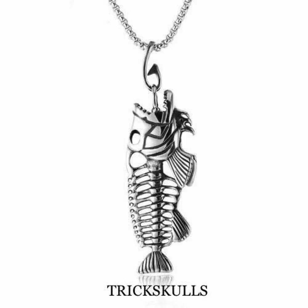 Silver Stainless Piranha Fish Skeleton Bones Necklace w 24” Modern Box Chain NEW